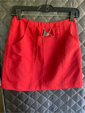 VINTAGE DKNY Red Nylon Tech Mini Skirt Utility Buckle Size 2